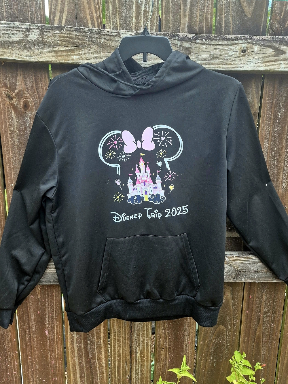 Disney Trip 2025 Sweatshirt Hoodie Black Polyester 1X Womens Pink Castle